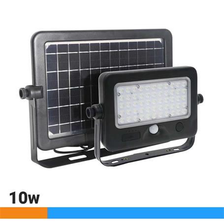 [TG-10W-SOLAR-6] PROYECTOR LED SOLAR CON SENSOR 10W 6000ºK 1100lm 90º NEGRO IP65 3.7V Li Batt 7200mAH
