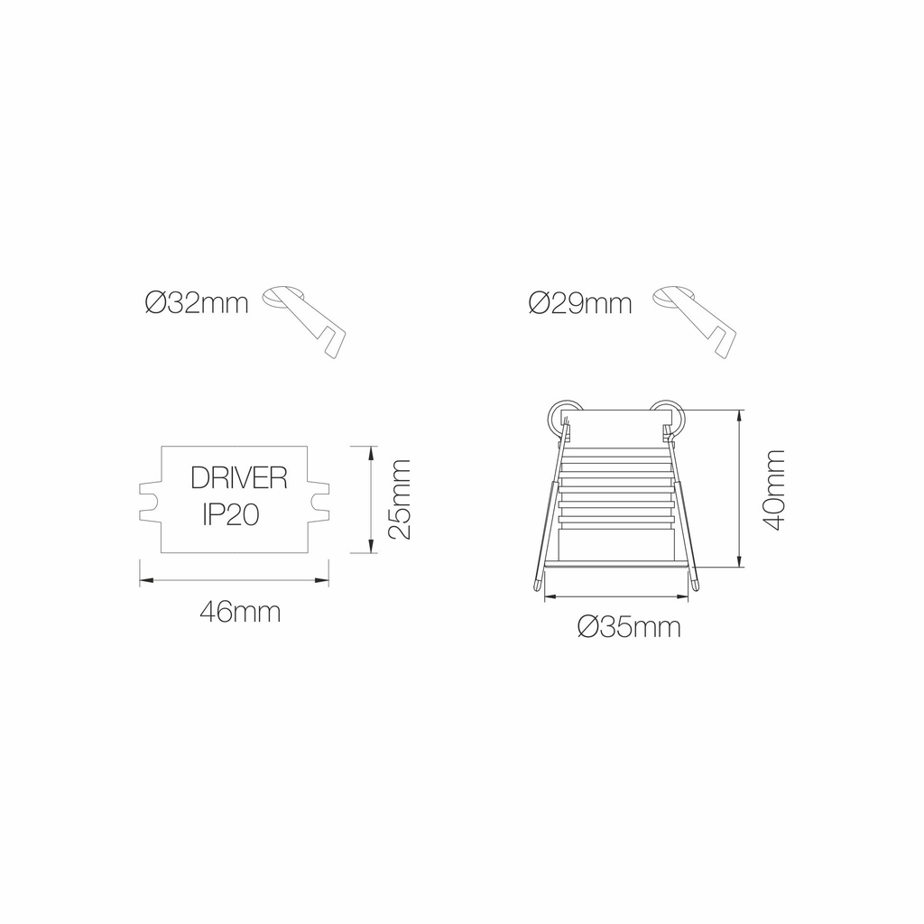 MINI DOWNLIGHT PULSAR SQ 3,5W 3000ºK 180lm 30º BLANCO 35x40mm CORTE: Ø29mm
