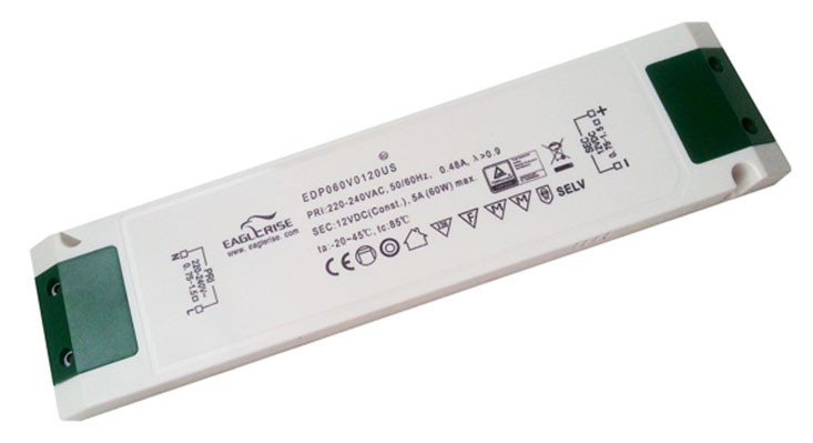 TRANSFORMADOR 12VDC 5A 60W IP54 BAJO PERFIL (ESPECIAL ESPEJOS)