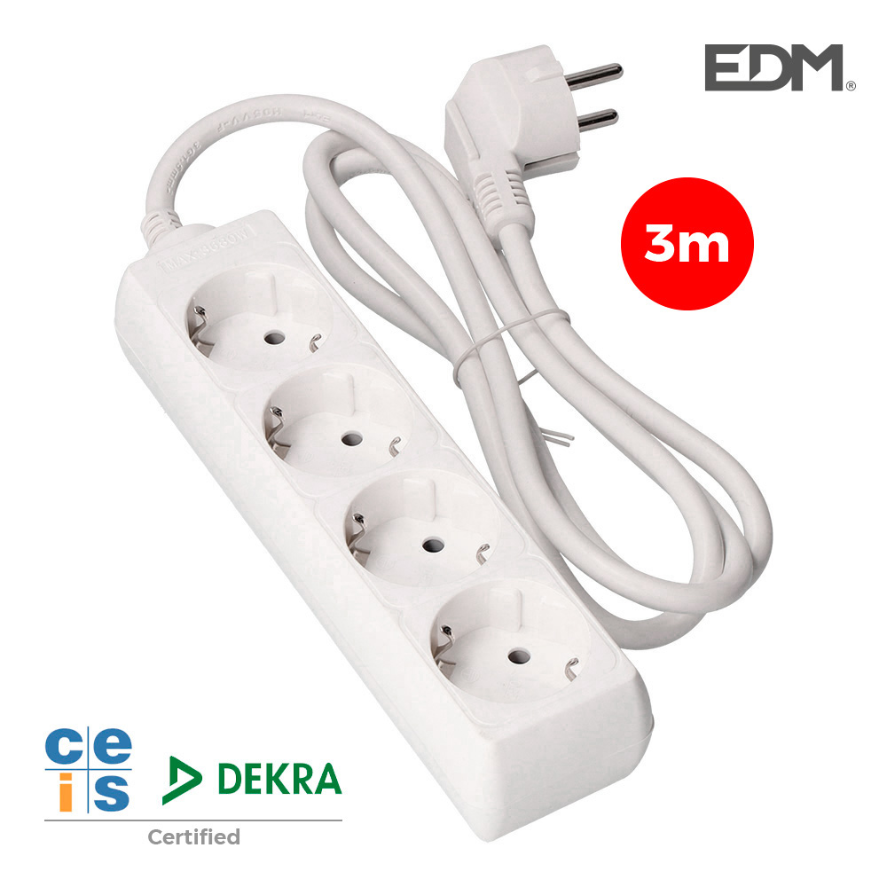 BASE 4 TOMAS SIN INTERRUPTOR CABLE 3Mt 10/16A BLANCA