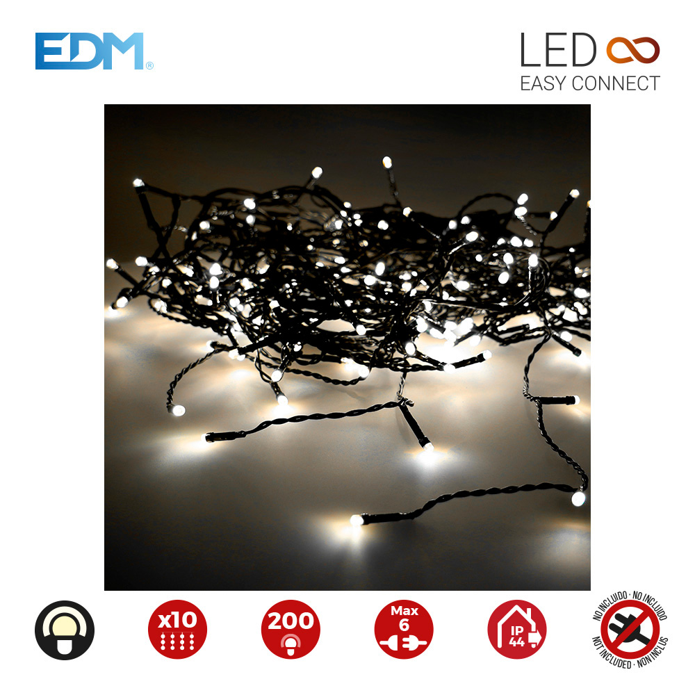 [NAV-71263] CORTINA EASY-CONNECT 2X2MTS 10 TIRAS 200 LEDS BLANCO CALIDO 30V (INTERIOR-EXTERIOR) EDM TOTAL 3,2W