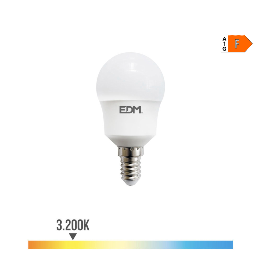 [E14-ESF-8.5W-3] BOMBILLA LED ESFERICA P45 E14 8.5W 3K LUZ CALIDA 880lm 200º 20H Ø45x87mm EDM