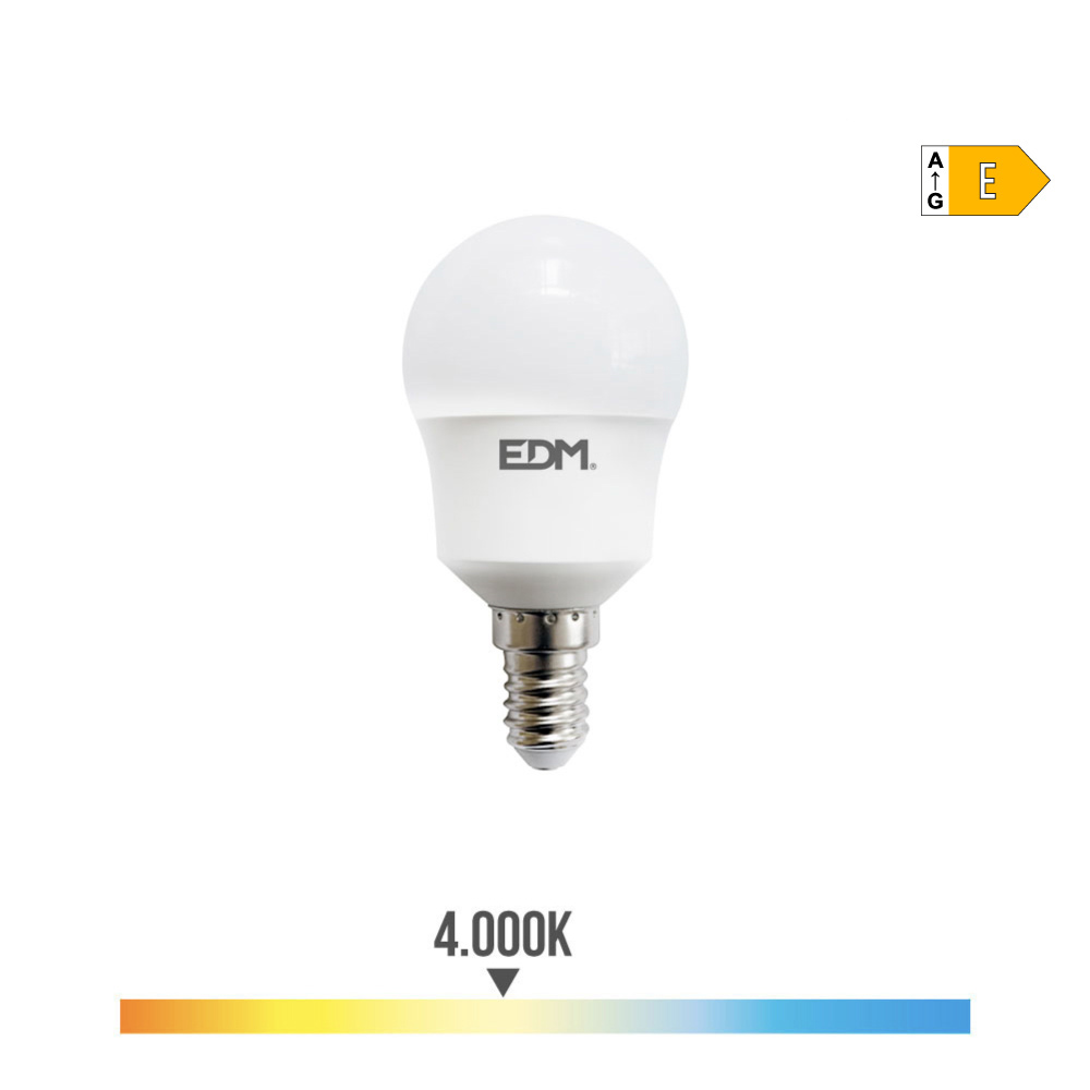 [E14-ESF-8.5W-4] BOMBILLA LED ESFERICA P45 E14 8.5W 4K LUZ NEUTRA 950lm 200º 20H Ø45x87mm EDM