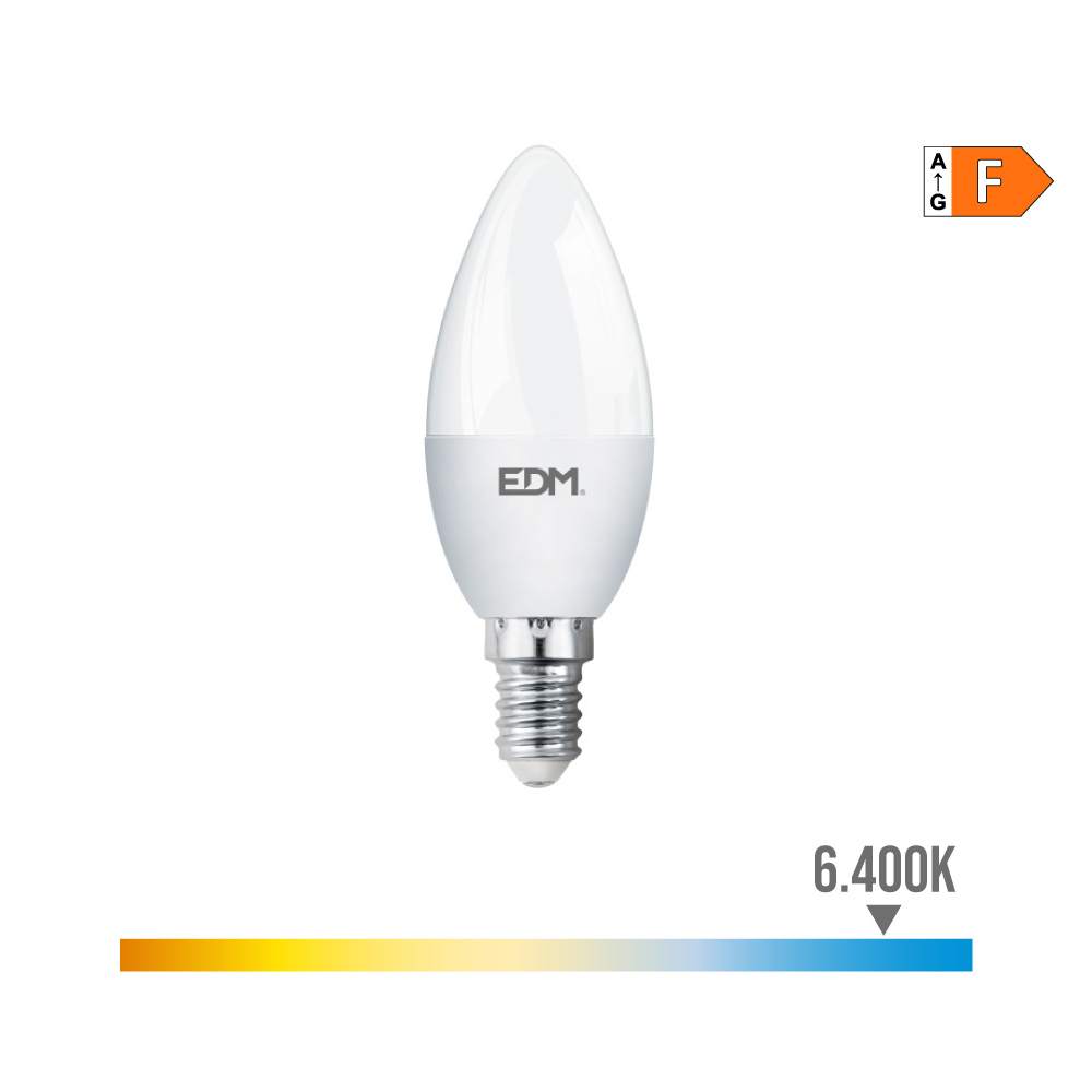 [E14-VELA-7W-6-EDM] BOMBILLA LED VELA C37 E14 7W 6K LUZ FRIA 600lm 200º 25H Ø36x103mm EDM