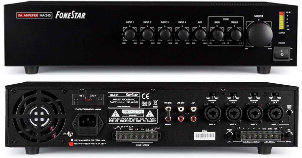 AMPLIFICADOR MEGAFONIA LINEA 100V 240W RMS USB/RADIO/MP3/SD