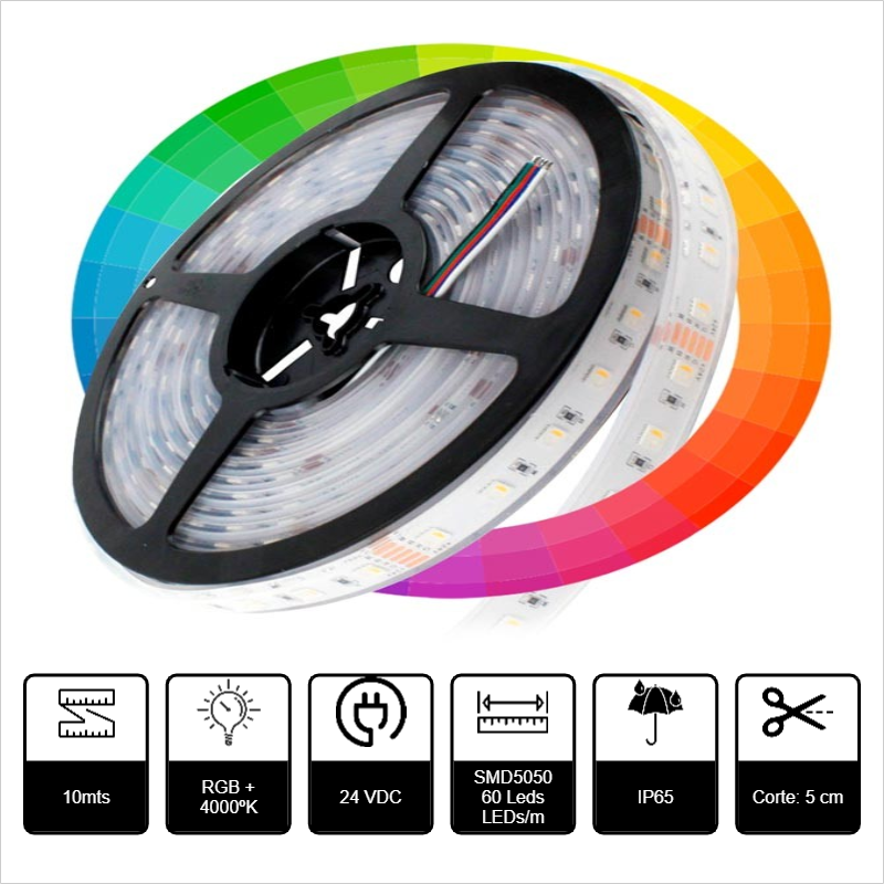 10mts TIRA LED SMD5050 IP65 RGB+NW (4K) 24V 19.2W/m 460lm/m 60LED/m 14mm