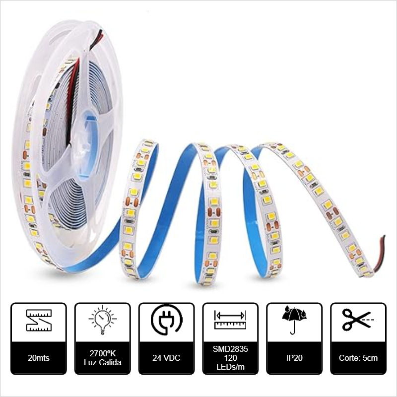 20mts TIRA DE LED SMD2835 24VDC 12W/m 1200lm/m 27K LUZ CALIDA IP20 120p/m