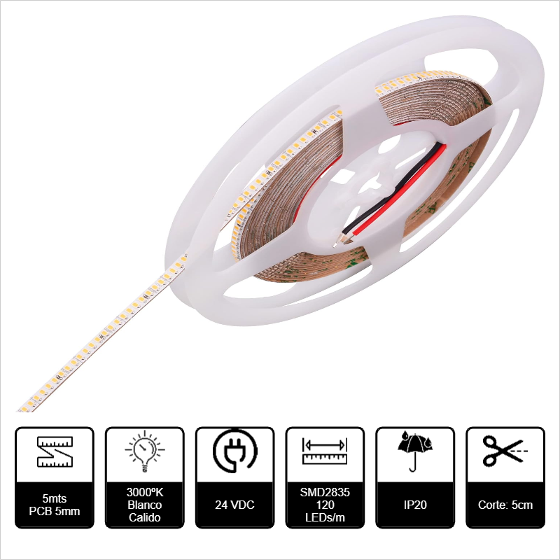 [TL-24IN120S23-9CT5] 5mts TIRA LED SUPER THIN 5mm SMD2835 24V 9W/mt 3K 900lm/m IP20 CUT:13cm