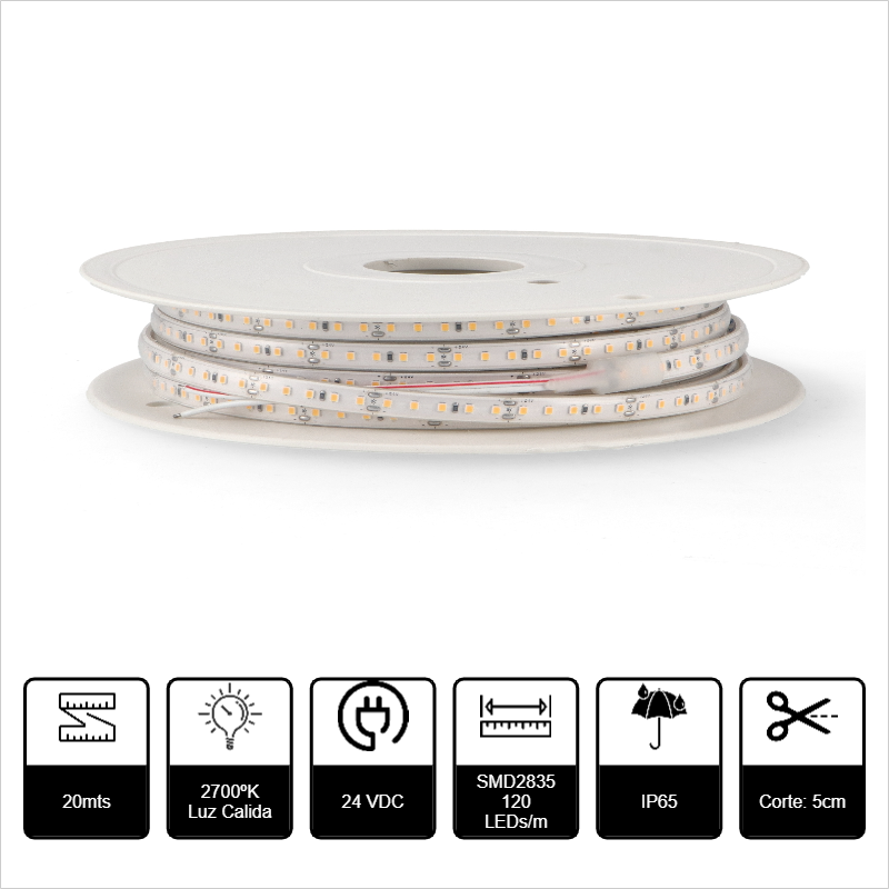 20mts TIRA DE LED SMD2835 24VDC 12W/m 1200lm/m 27K LUZ CALIDA IP65 120p/m