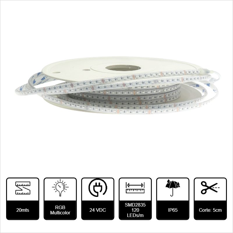 20mts TIRA LED 24V SMD3535 120p/m IP65 RGB 12W/m
