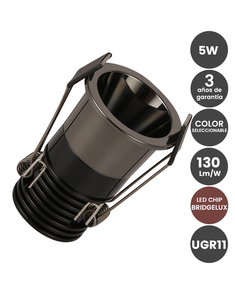 DOWNLIGHT MINI 5W 3-4-6000ºK 130LM/W 40º UGR11 NEGRO Ø40X61MM CORTE: Ø32MM