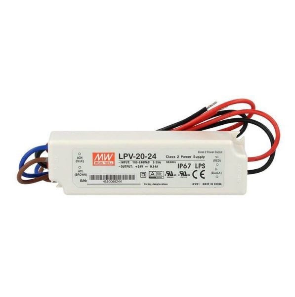 TRANSFORMADOR IP67 20W 24VDC 1.67A LPV-20-24 MEAN WELL
