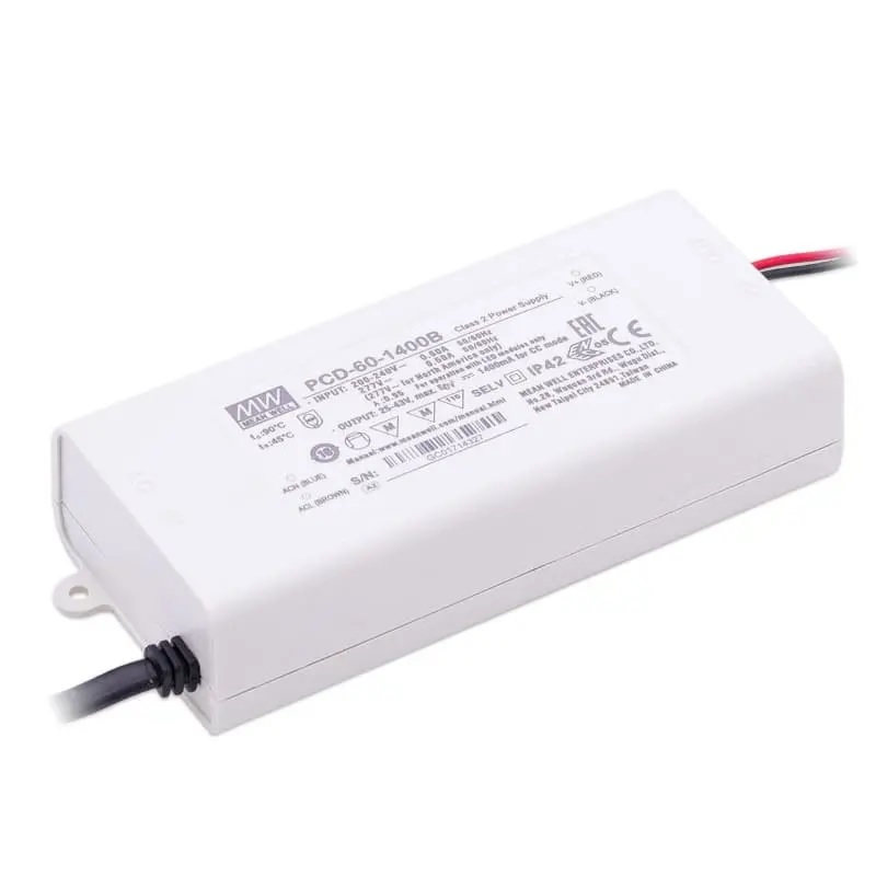 [DRI-25-43V-1400MA-DI] PCD-60-1400B DRIVER DIMMABLE TRIAC 60W 25-43VDC 1400mA 180-295VAC IP42 PFC MEAN WELL