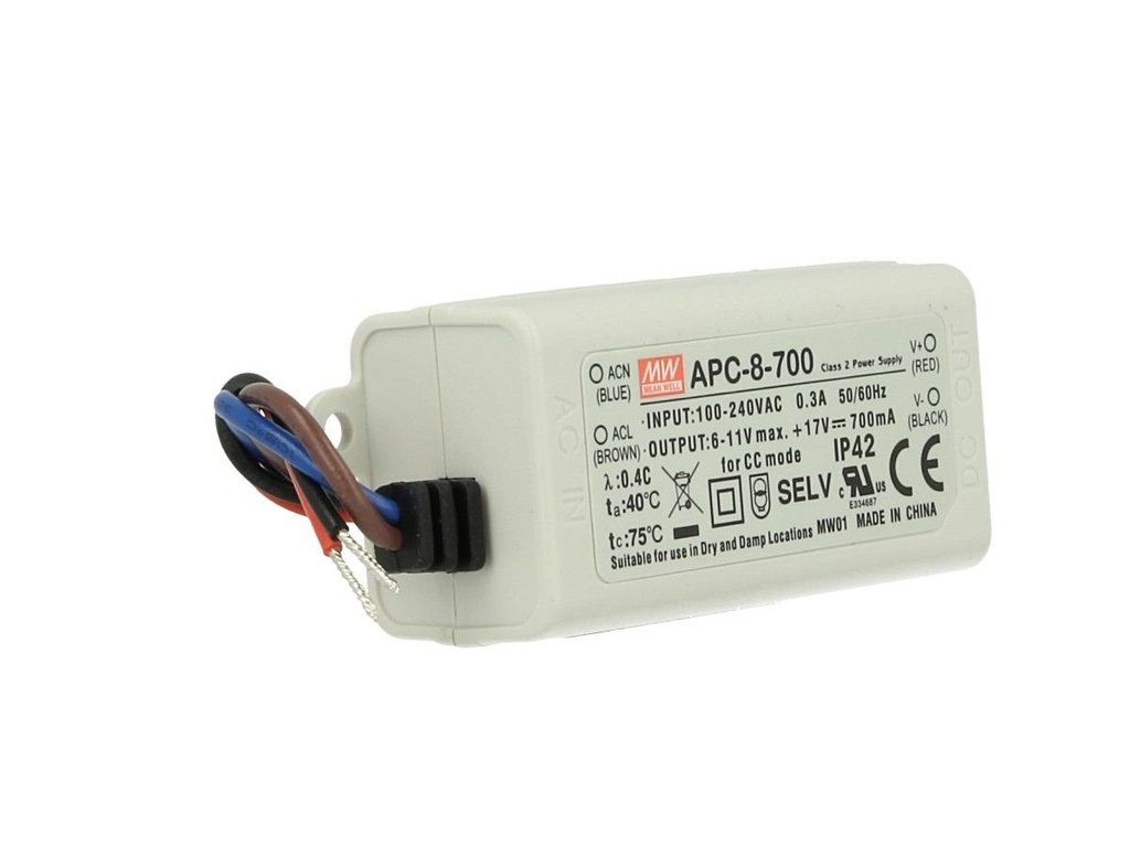APC-8-700 DRIVER CC 7.7W 6-11VDC 700mA 90-264Vca IP42 MEAN WELL