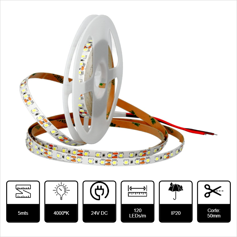 5mts TIRA DE LED SMD2835 24VDC 12W/m 1200lm/m 4000ºK LUZ NEUTRA IP20 120p/m