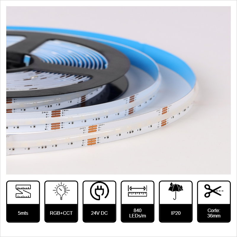 TIRA LED 5Mt COB IP20 24VDC 105W RGB+CCT 21W/m 840LED/m 12mm ZH-YI