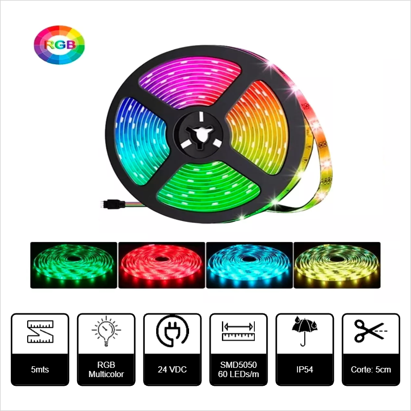 5mts TIRA LED RGB 14W/m 24VDC IP54 60P SMD5050 RGB 450lm 120º