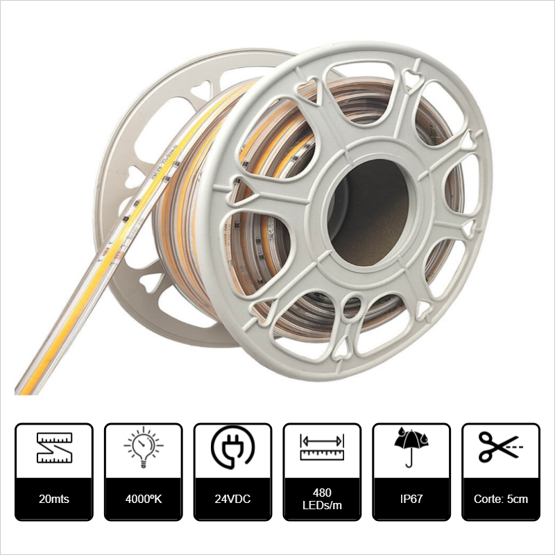 20mts TIRA DE LED COB 24VDC 10W/m 950lm/m 4000ºK LUZ NEUTRA IP67 480p/m