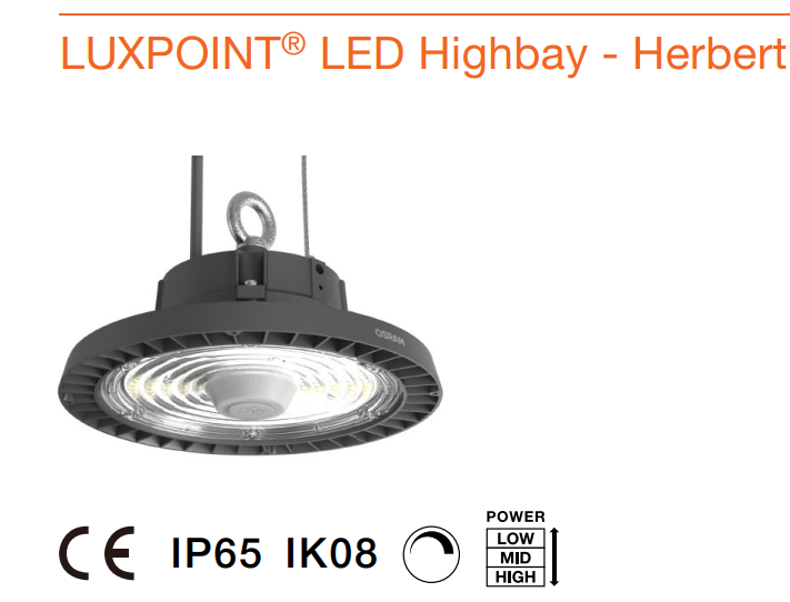 CAMPANA UFO OSRAM LUXPOINT HIGHBAY Herbert 90-120-150W 6500ºK 14400-18600-22500lm 90º 0-10V DIM