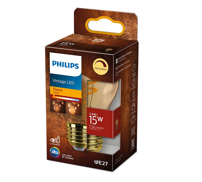 [E27-ESF-2.6W-VIN-DIM] BOMBILLA LED ESFERICA G45 E27 2.6W 1800ºK 136lm DIMMABLE AMBERGLASS PHILIPS