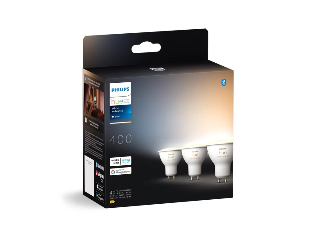 PACK 3ud BOMBILLA LED GU10 PHILIPS HUE White Ambiance 4.2W 400lm 40º 2000-6500ºK