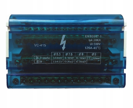 REPARTIDOR TETRAPOLAR DIN 125A 15 SAL: 3X16MM+1X25MM+11X6MM