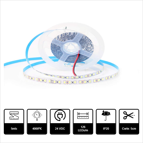 TIRA LED 5Mt 8mm SMD2835 126P 24VDC 10W/m 1320lm/m 4000ºK IP20