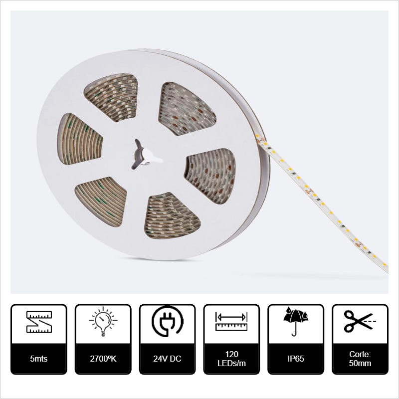 [TL-24EX120S23-12C27] 5mts TIRA LED SMD2835 24VDC 12W/m 1200lm/m 2700ºK LUZ CALIDA 120Led/m IP65