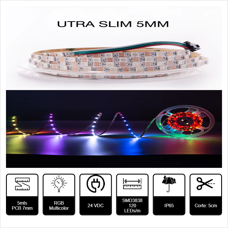 5mts TIRA LED SUPER THIN 7mm SMD3838 24V 10.8W/m RGB 120P IP6X CORTE: 5cm