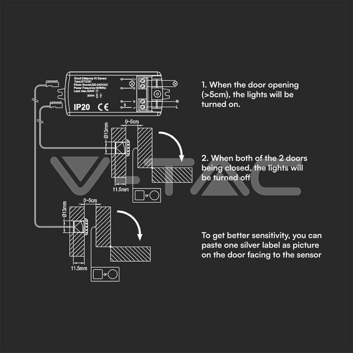 [DET-VT-23428] SENSOR IR DE APERTURA DE PUERTAS DOBLE 200W 230VAC IP20