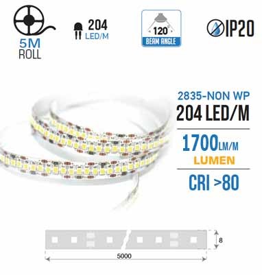 2461 TIRA DE LED 5Mt SMD3528 204P 18W/M 1700LM 3K LUZ CALIDA IP20