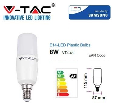 [E14-TUB-8W-3] BOMBILLA LED TUBULAR T37 E14 8W 3K LUZ CALIDA 725LM 230º OPAL