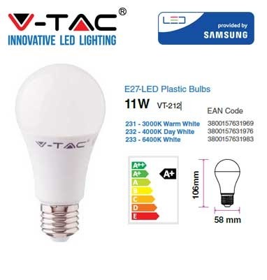 [E27-STD-11W-3] 231 BOMBILLA LED STANDARD A60 E27 11W 3K LUZ CALIDA 1055LM 200º IP20 SAMSUNG