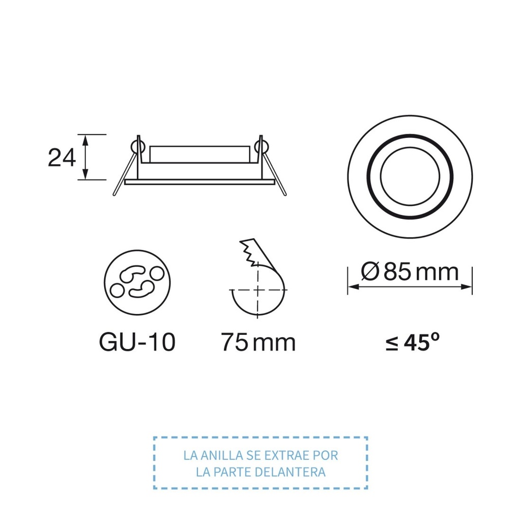 [ARO-R183-BL] ARO DICROICA REDONDO ORIENTABLE R183 SIN ALAMBRE CON GU10 ZIONELED BLANCO